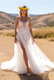 Ivory Appliqued A Line Wedding Dress with Slit