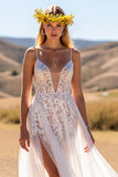 Ivory Appliqued A Line Wedding Dress with Slit