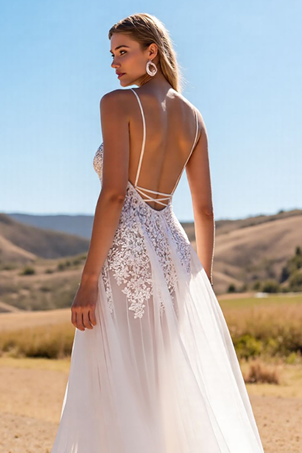 Ivory Appliqued A Line Wedding Dress with Slit