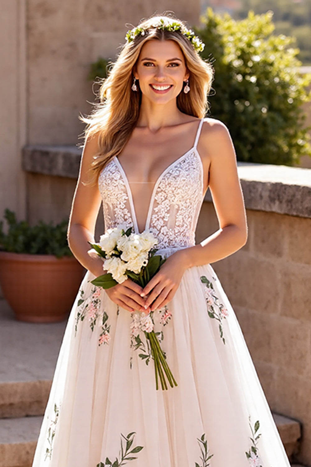 Floral Ivory Appliqued A Line Wedding Dress