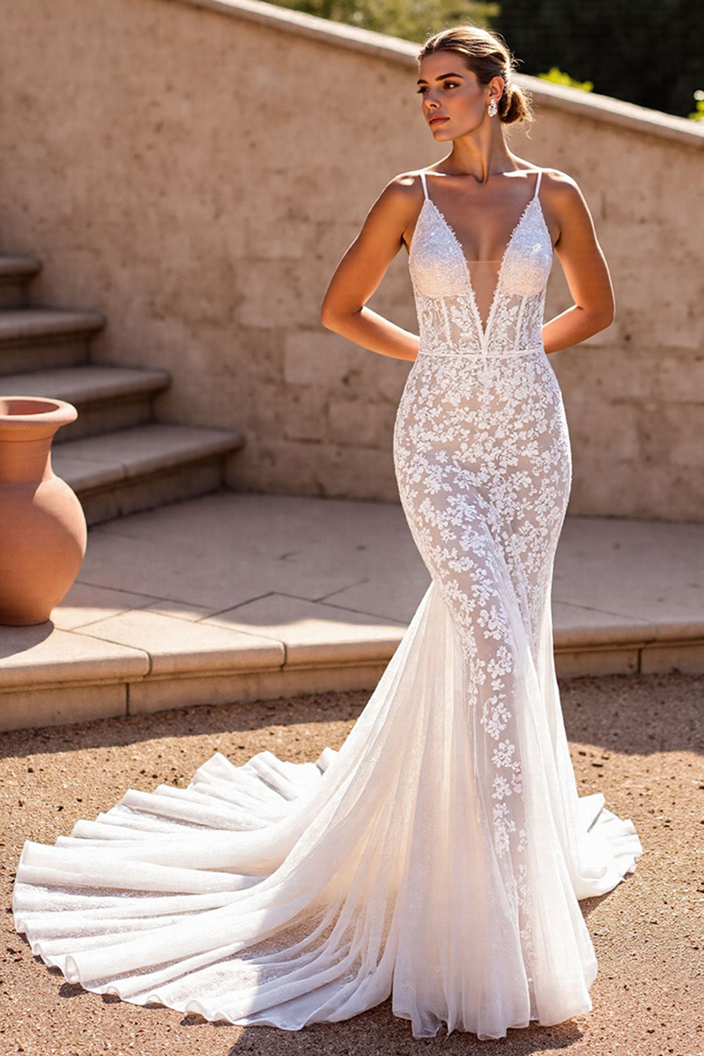 Mermaid Corset Ivory V Neck Lace Long Wedding Dress
