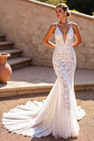 Mermaid Corset Ivory V Neck Lace Long Wedding Dress