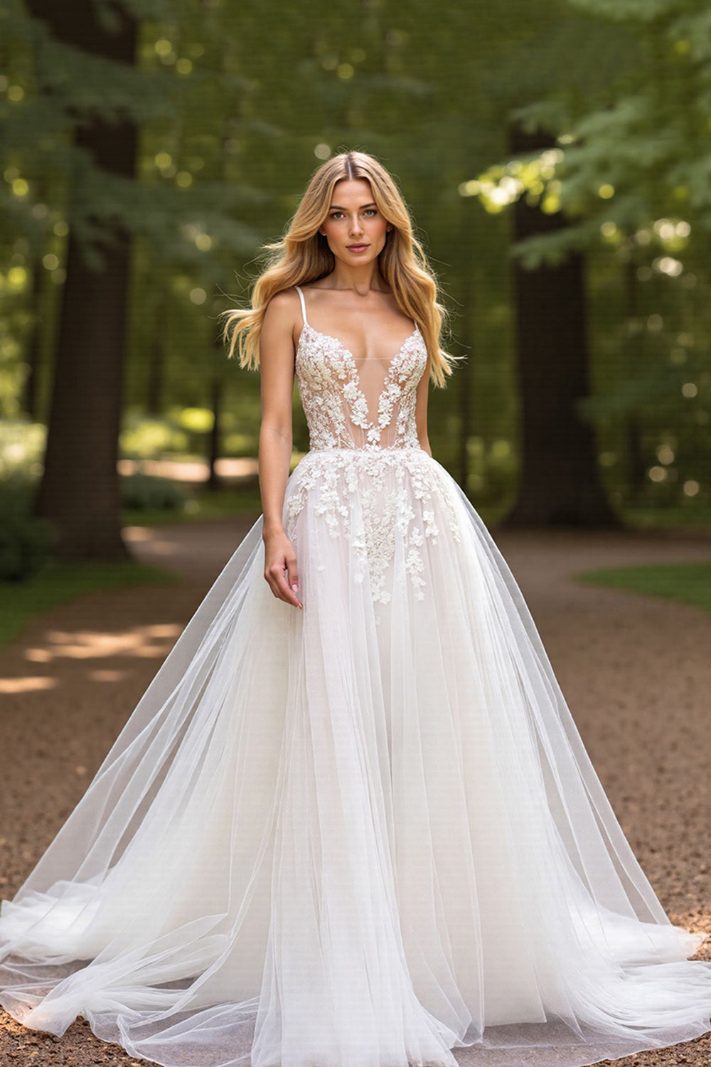 A Line V Neck Ivory Wedding Dress with Appliques