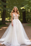 A Line V Neck Ivory Wedding Dress with Appliques