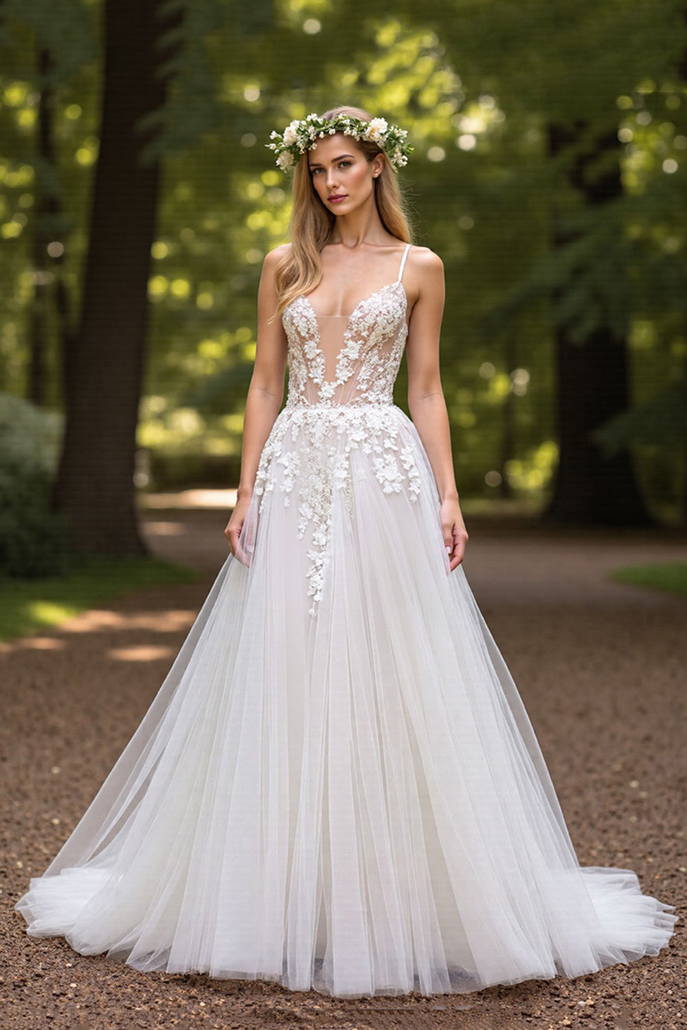 A Line V Neck Ivory Wedding Dress with Appliques