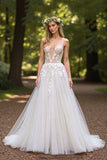 A Line V Neck Ivory Wedding Dress with Appliques