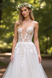 A Line V Neck Ivory Wedding Dress with Appliques