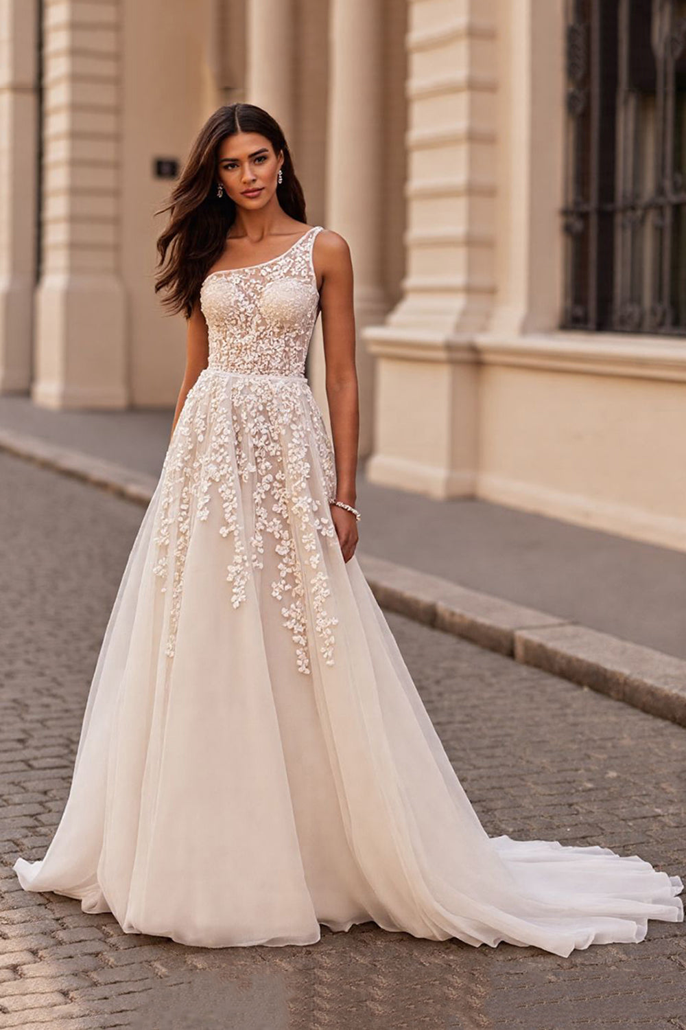 Appliqued One Shoulder Ivory A Line Wedding Dress