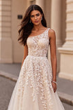 Appliqued One Shoulder Ivory A Line Wedding Dress