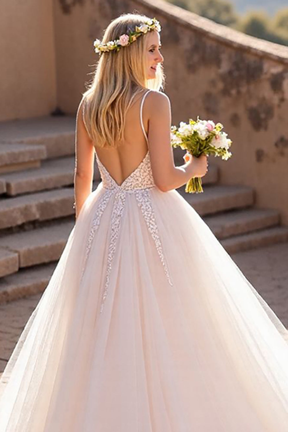 A Line V Neck Ivory Appliqued Wedding Dress