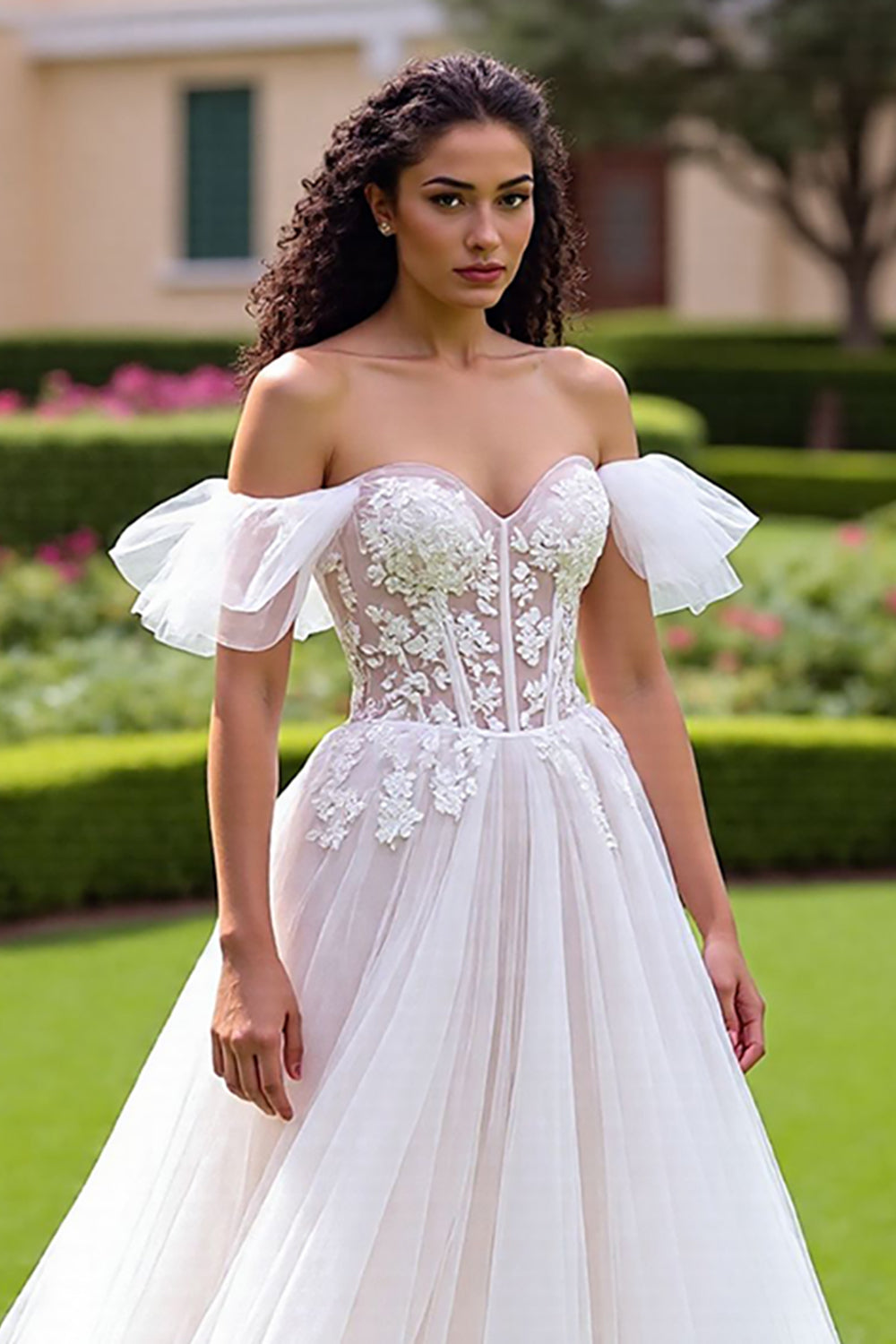 Off The Shoulder Ivory A Line Appliqued Wedding Dress