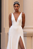 Ivory A Line V Neck Satin Wedding Dress with Slit