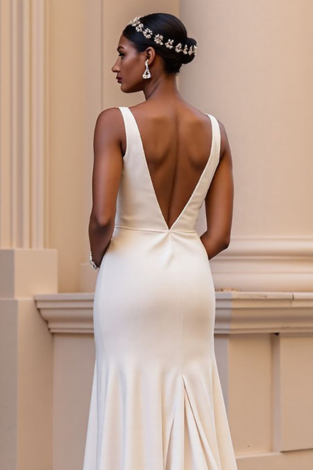 Ivory A Line V Neck Satin Wedding Dress with Slit