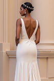 Ivory A Line V Neck Satin Wedding Dress with Slit
