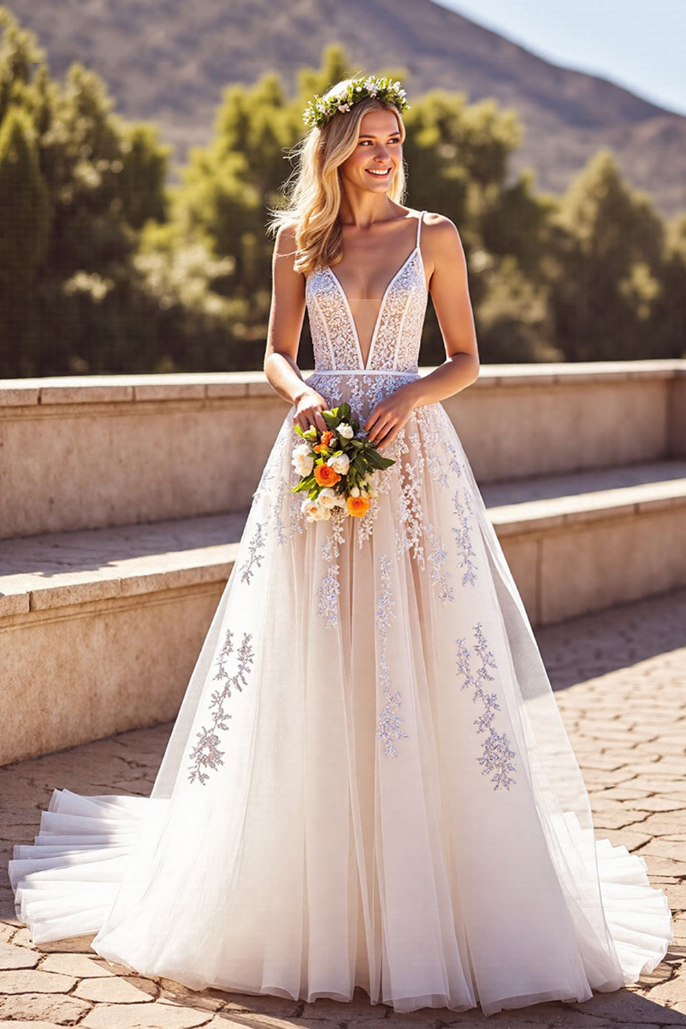 A Line V Neck Ivory Corset Long Wedding Dress