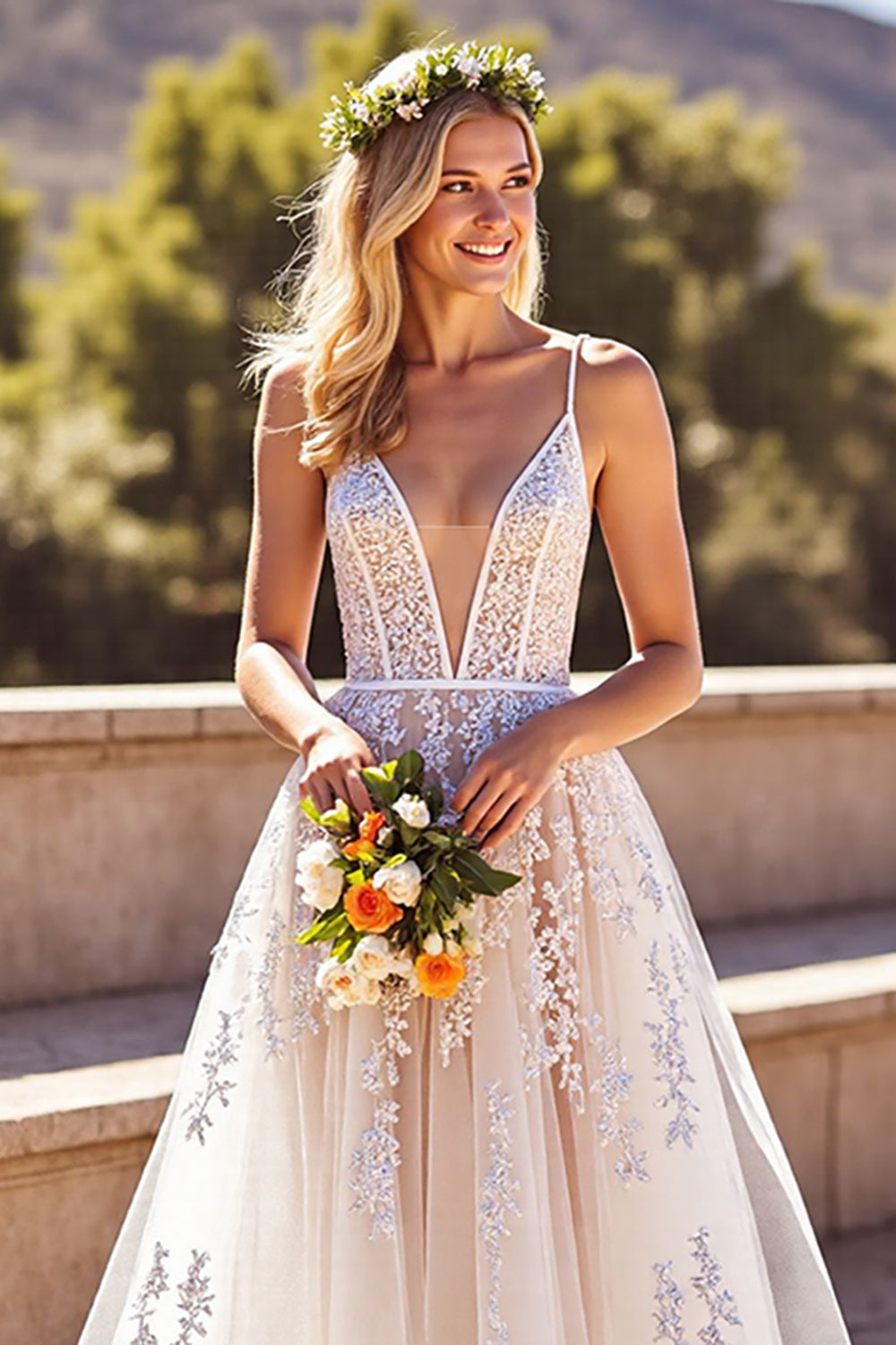 A Line V Neck Ivory Corset Long Wedding Dress