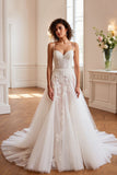 A Line V Neck Ivory Corset Lace Wedding Dress