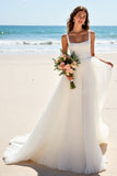 A Line Square Neck Ivory Pleated Wedding Dress
