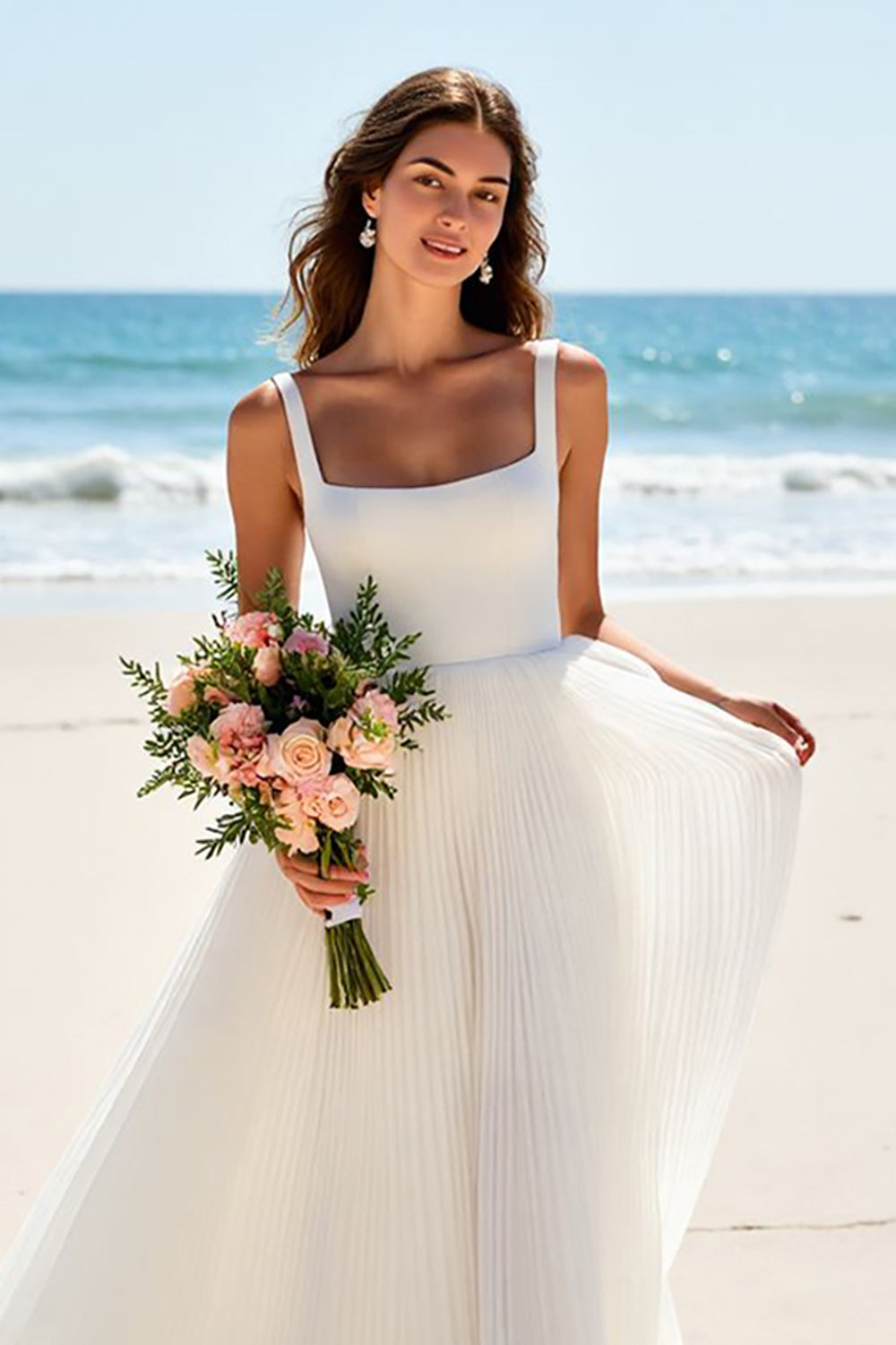 A Line Square Neck Ivory Pleated Wedding Dress