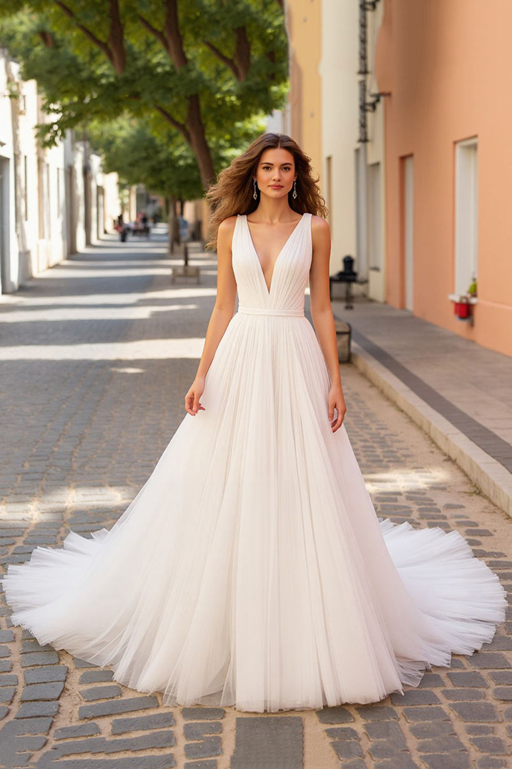 A Line V Neck Ivory Pleated Wedding Dress