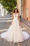 A Line V Neck Ivory Pleated Wedding Dress