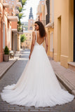 A Line V Neck Ivory Pleated Wedding Dress