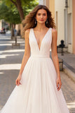 A Line V Neck Ivory Pleated Wedding Dress