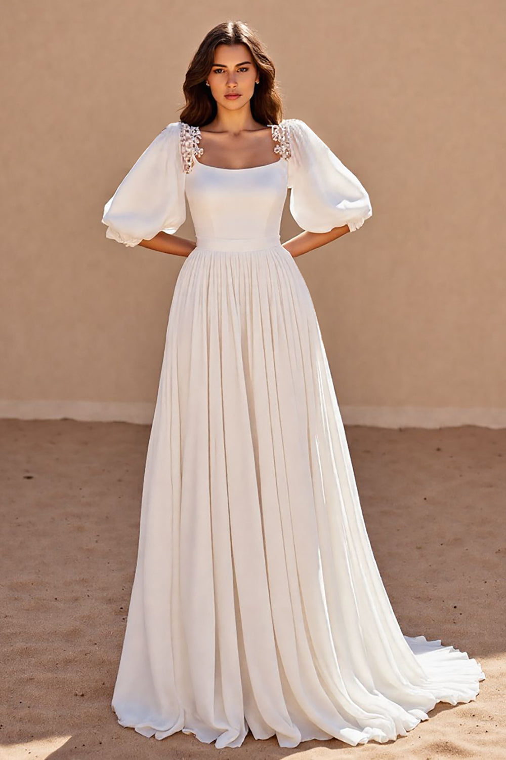 Ivory A Line Half Sleeves Long Wedding Dress
