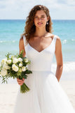 Pleated A Line V Neck Ivory Long Wedding Dress
