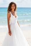 Pleated A Line V Neck Ivory Long Wedding Dress