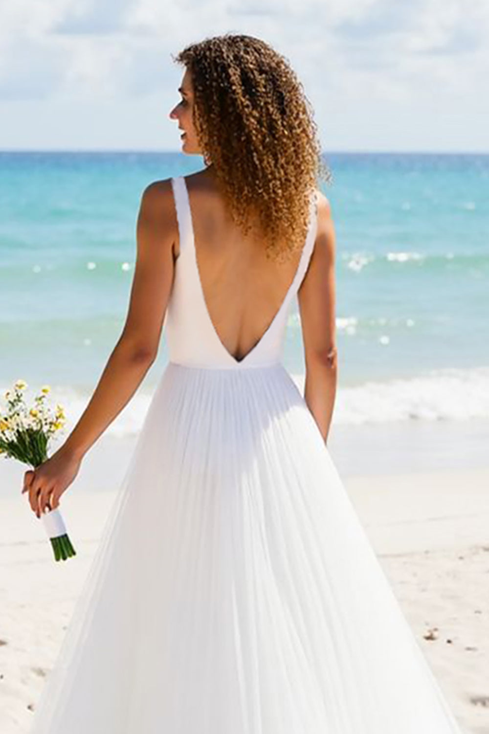 Pleated A Line V Neck Ivory Long Wedding Dress