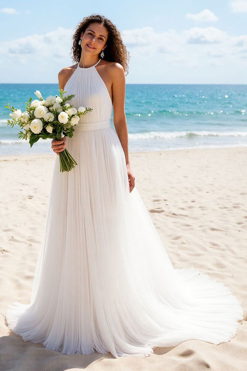 Halter Pleated A Line Ivory Long Wedding Dress