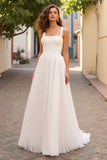 Pleated A Line Ivory Tulle Long Wedding Dress