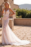 Ivory Mermaid V Neck Lace Long Wedding Dress