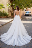 Ivory A Line V Neck Tulle Long Wedding Dress