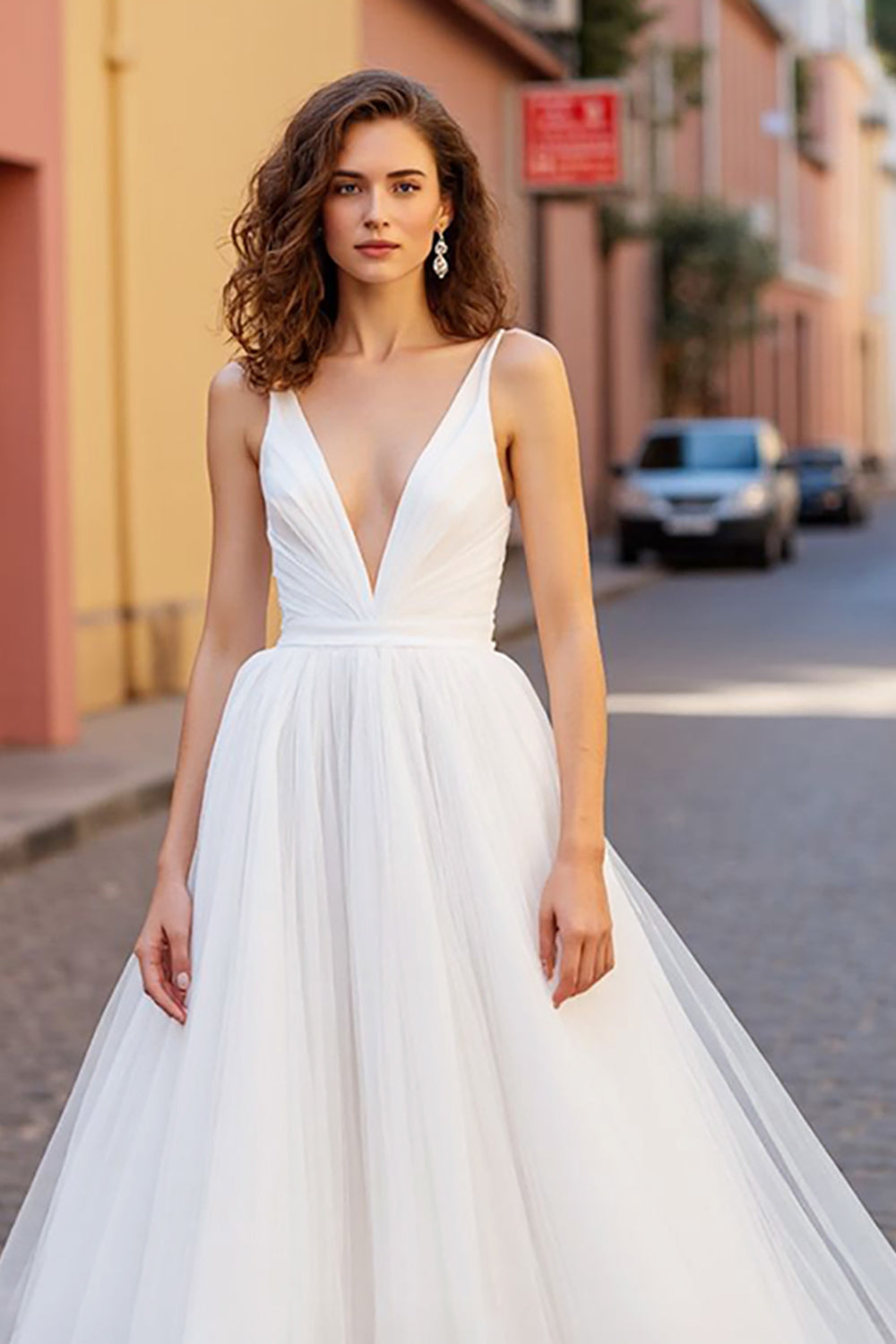 Ivory A Line V Neck Tulle Long Wedding Dress