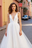 Ivory A Line V Neck Tulle Long Wedding Dress