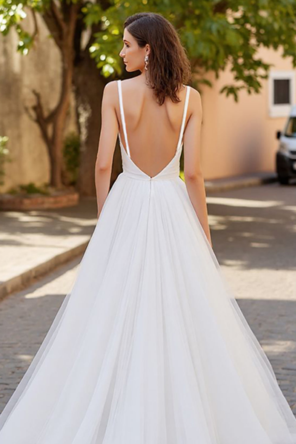 Ivory A Line V Neck Tulle Long Wedding Dress