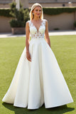 A Line V Neck Ivory Satin Long Wedding Dress