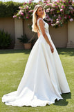 A Line V Neck Ivory Satin Long Wedding Dress