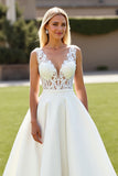 A Line V Neck Ivory Satin Long Wedding Dress