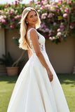 A Line V Neck Ivory Satin Long Wedding Dress