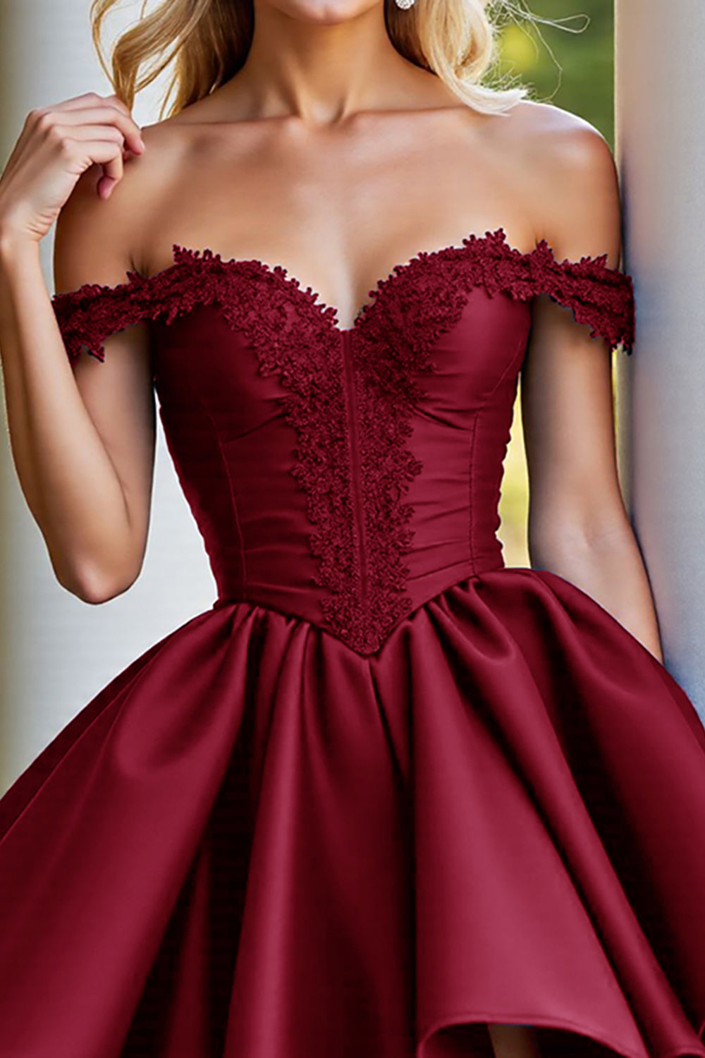 Burgundy Satin A Line Short Homecoming Dress with Appliques