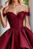 Burgundy Satin A Line Short Homecoming Dress with Appliques