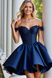 Burgundy Satin A Line Short Homecoming Dress with Appliques