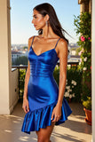 Royal Blue Satin Ruched Bodycon Short Homecoming Dress