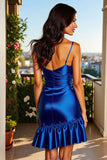 Royal Blue Satin Ruched Bodycon Short Homecoming Dress