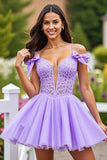 Lavender Tulle A Line Short Homecoming Dress with Bows