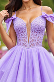 Lavender Tulle A Line Short Homecoming Dress with Bows
