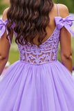 Lavender Tulle A Line Short Homecoming Dress with Bows